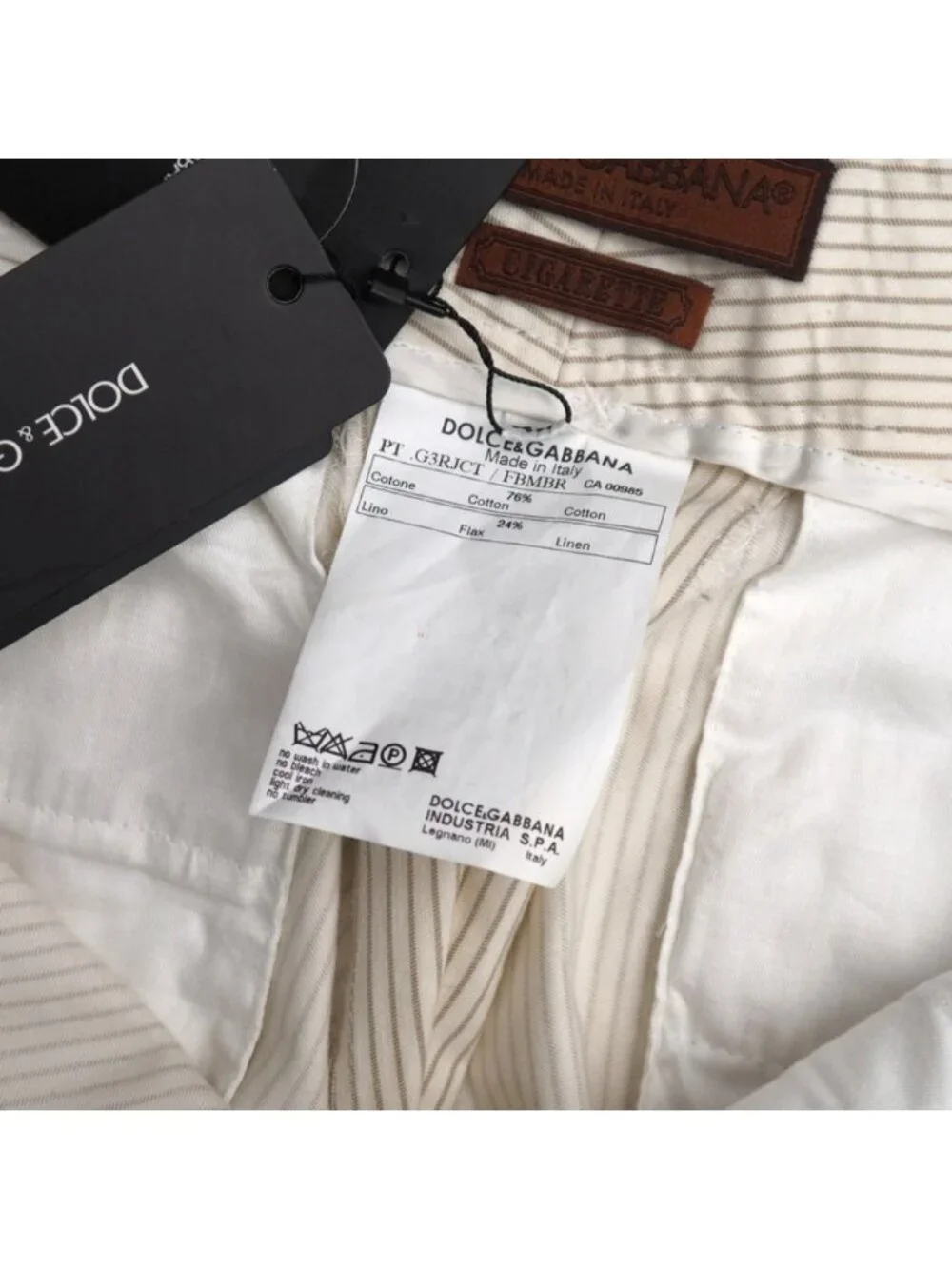 Dolce & Gabbana Wide Pants 48 Cigarette Striped Pattern Logo Plate Cotton Linen